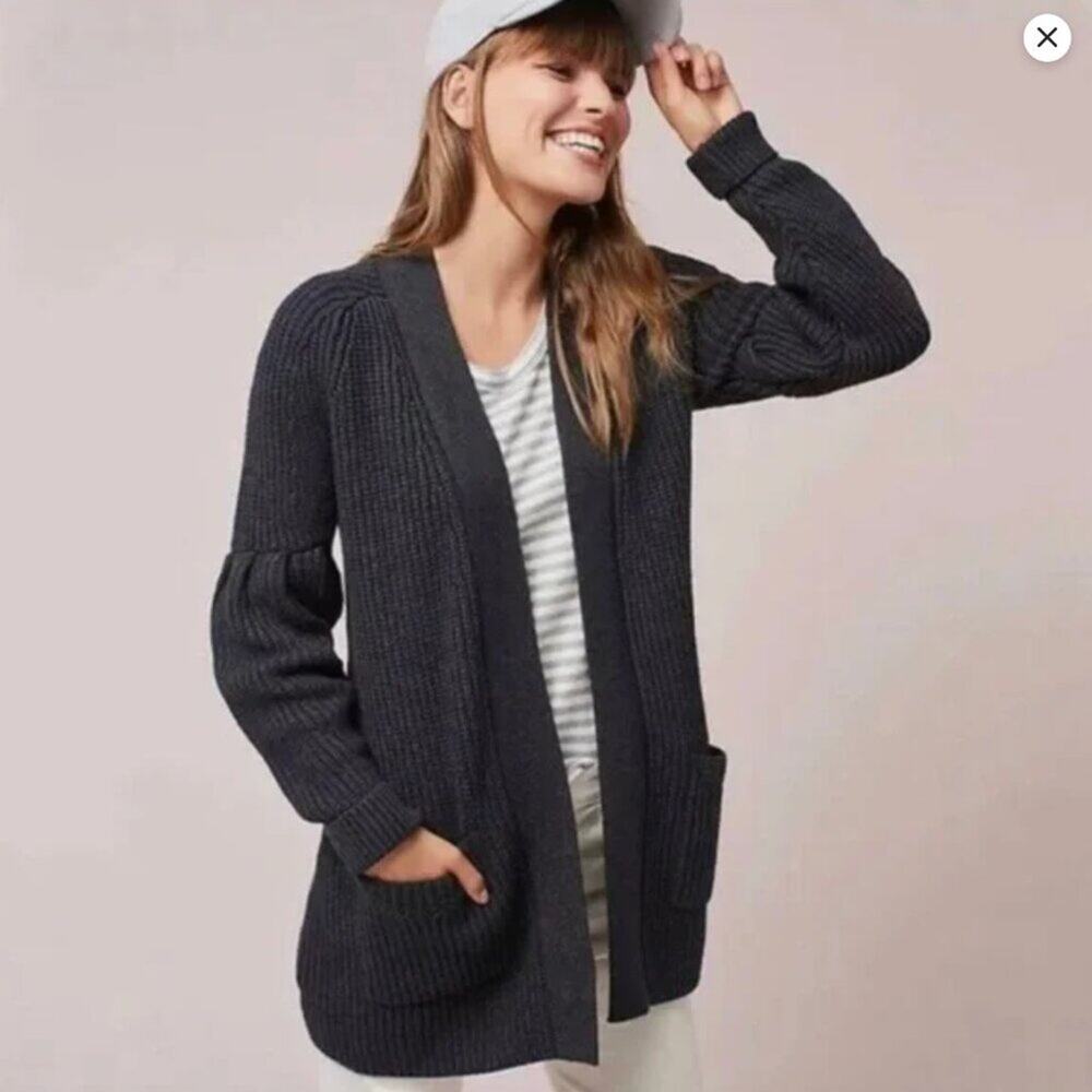 Anthropologie Knitted & Knotted Majella Balloon Sleeve Cardigan Small Dark Gray